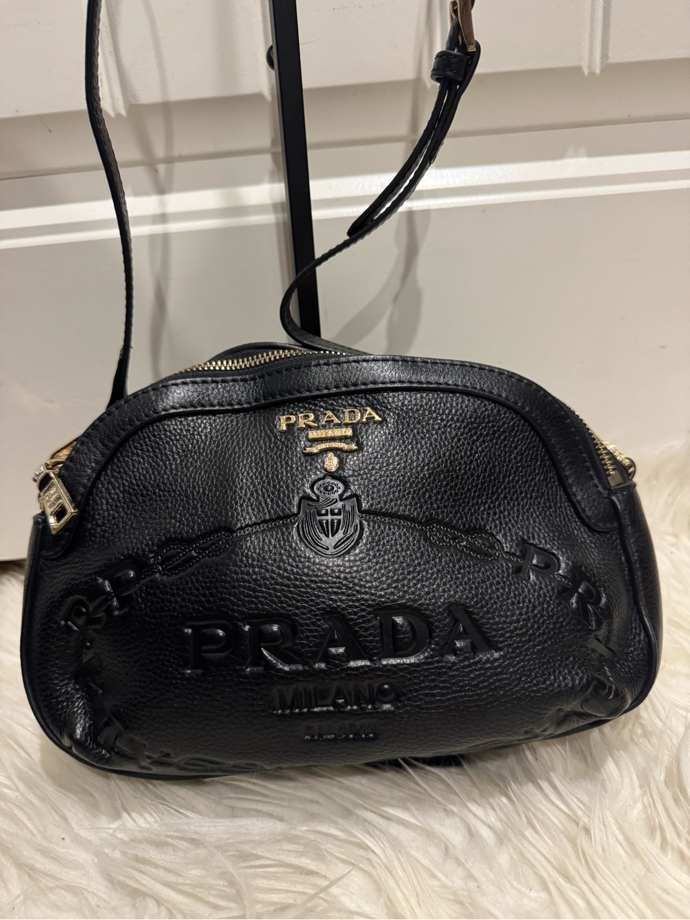 Prada Black Pebbled Leather Crossbody with Gold Hardware